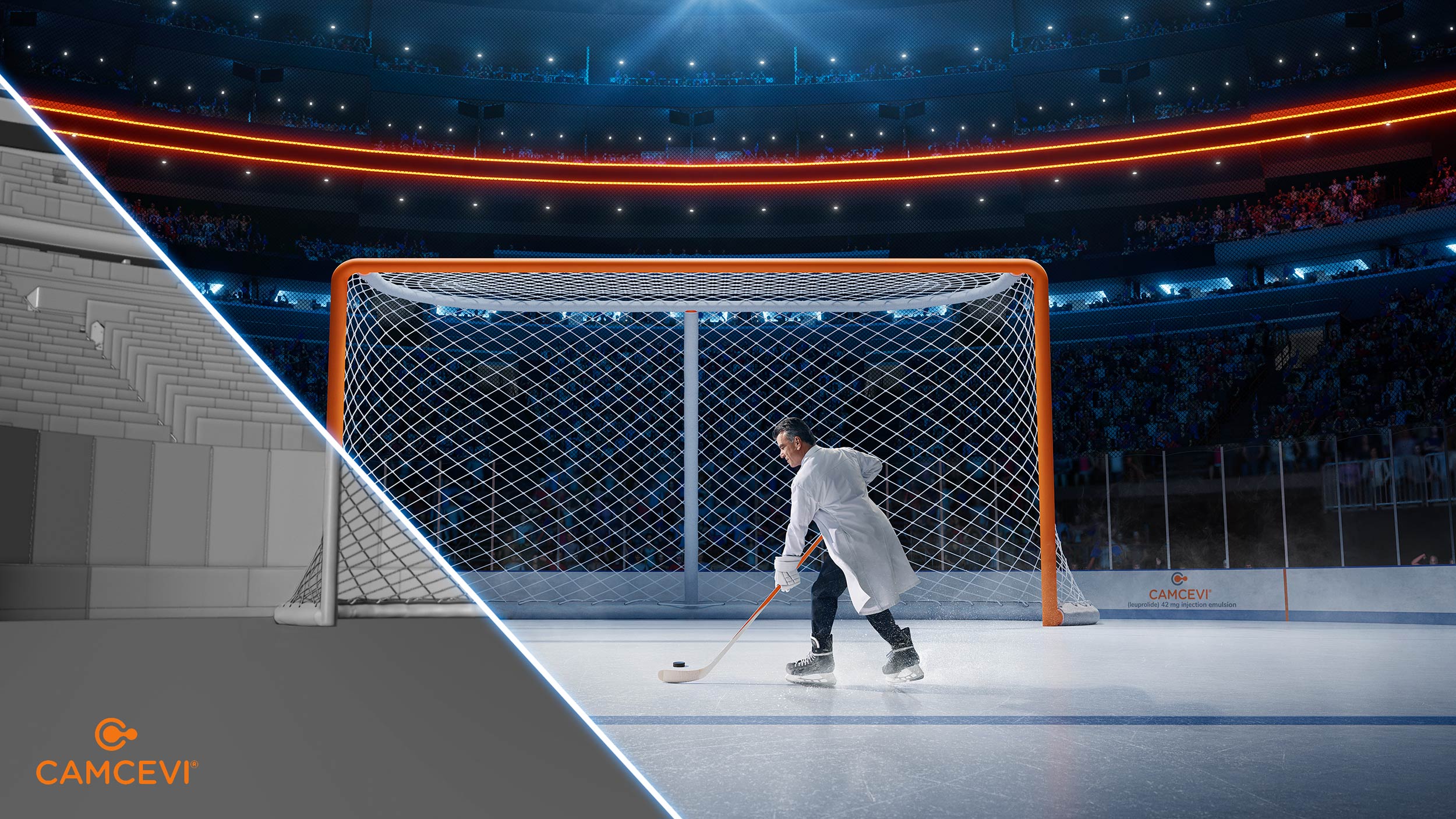 Camcevi pharmaceutical campaign by Dale May, shown as a split view between the CGI clay render and the finished photorealistic image.