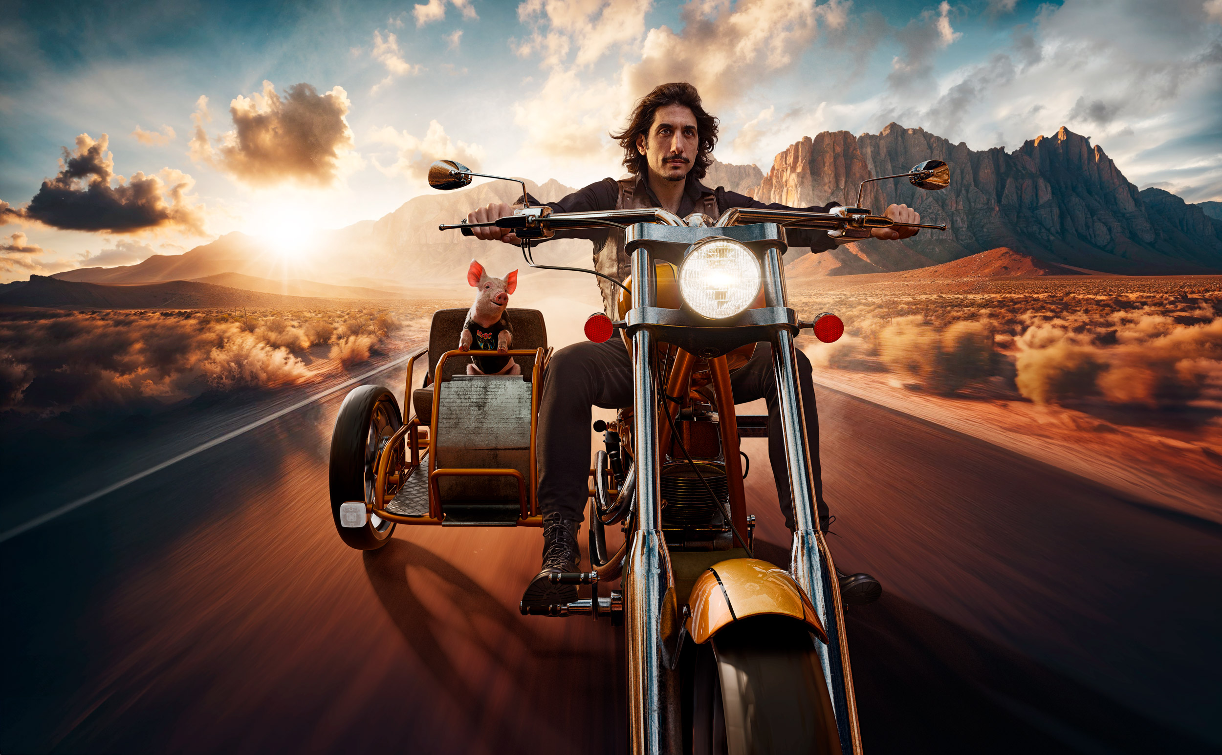 Live Free Or Die: Best Photography Awards 2024 1st Place Gold winner in Professional Advertising Photography. Actor Alexander Patsos riding a CGI chopper motorcycle with his pet CGI piglet. Hybrid photography and CGI by Dale May.