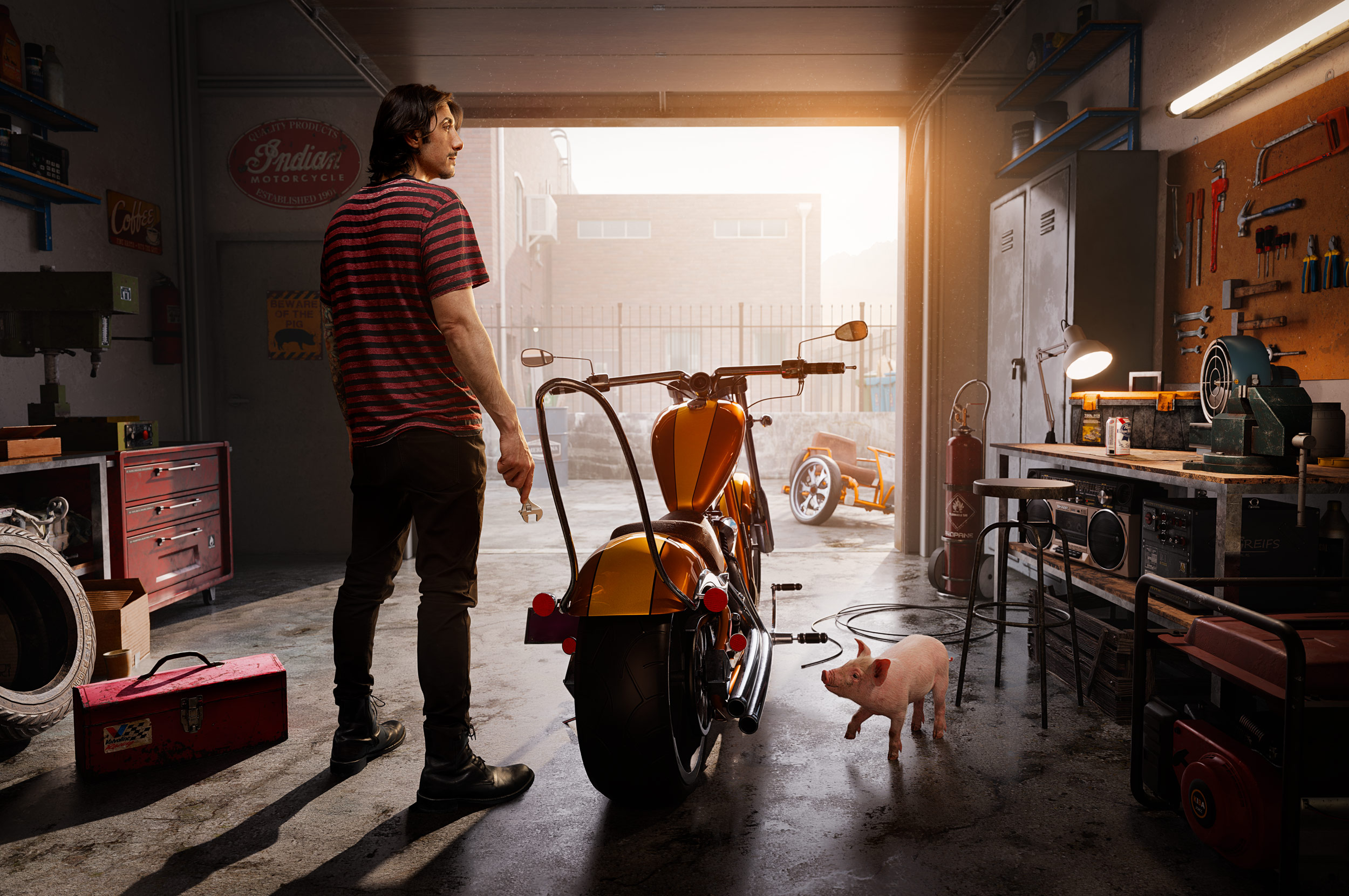 Live Free Or Die: IPA 2024 2nd Place Silver winner in the Digitally Enhanced category. Actor Alexander Patsos with a CGI piglet in a CGI garage environment. Hybrid photography and CGI by Dale May.