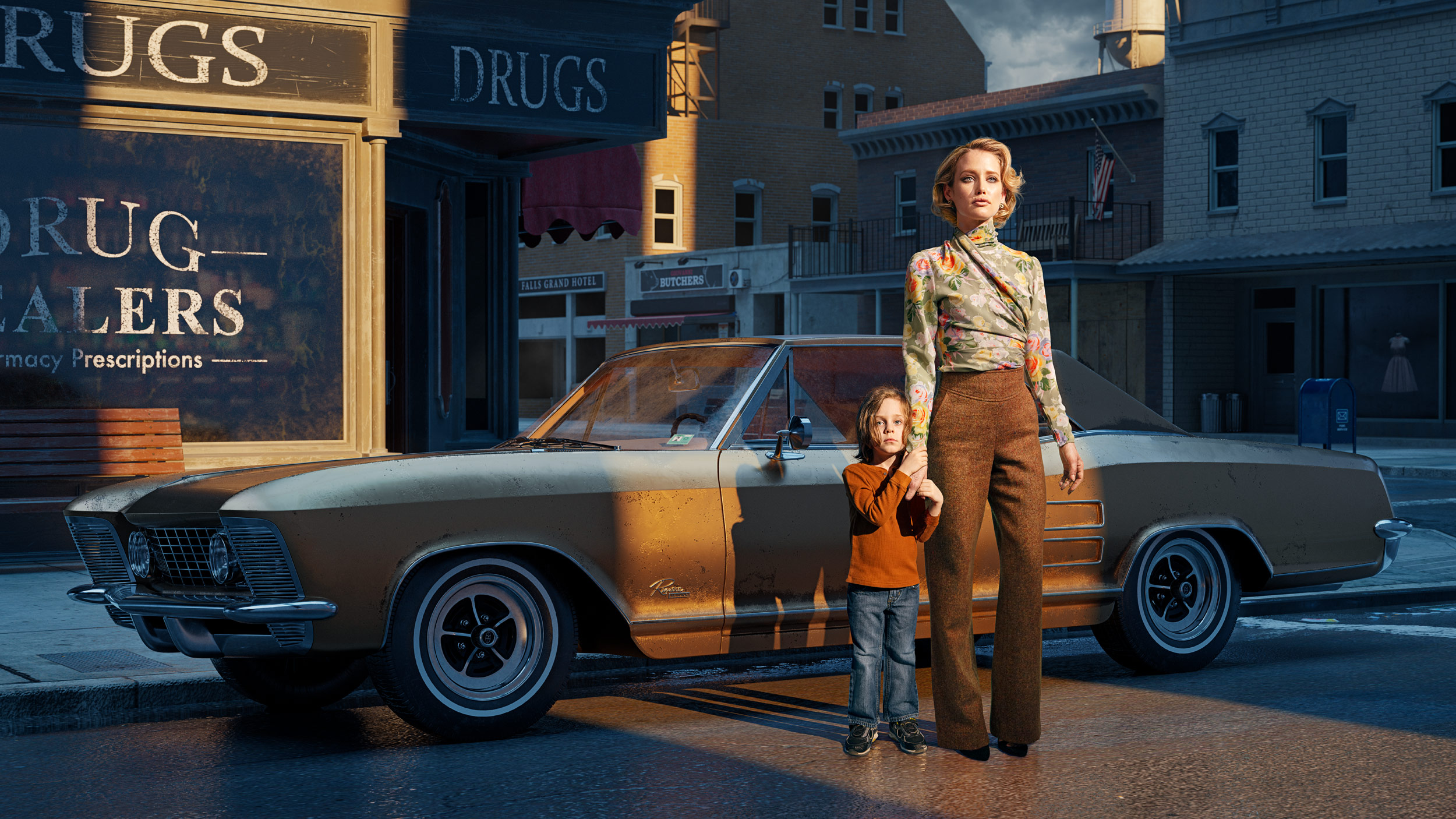 1974: Award-winning hybrid photography and CGI image by Dale May featuring model Emily Shephard and son Damien in a retro Americana scene. Winner of Communication Arts, ReFocus Gold, and IPA Honor of Distinction.