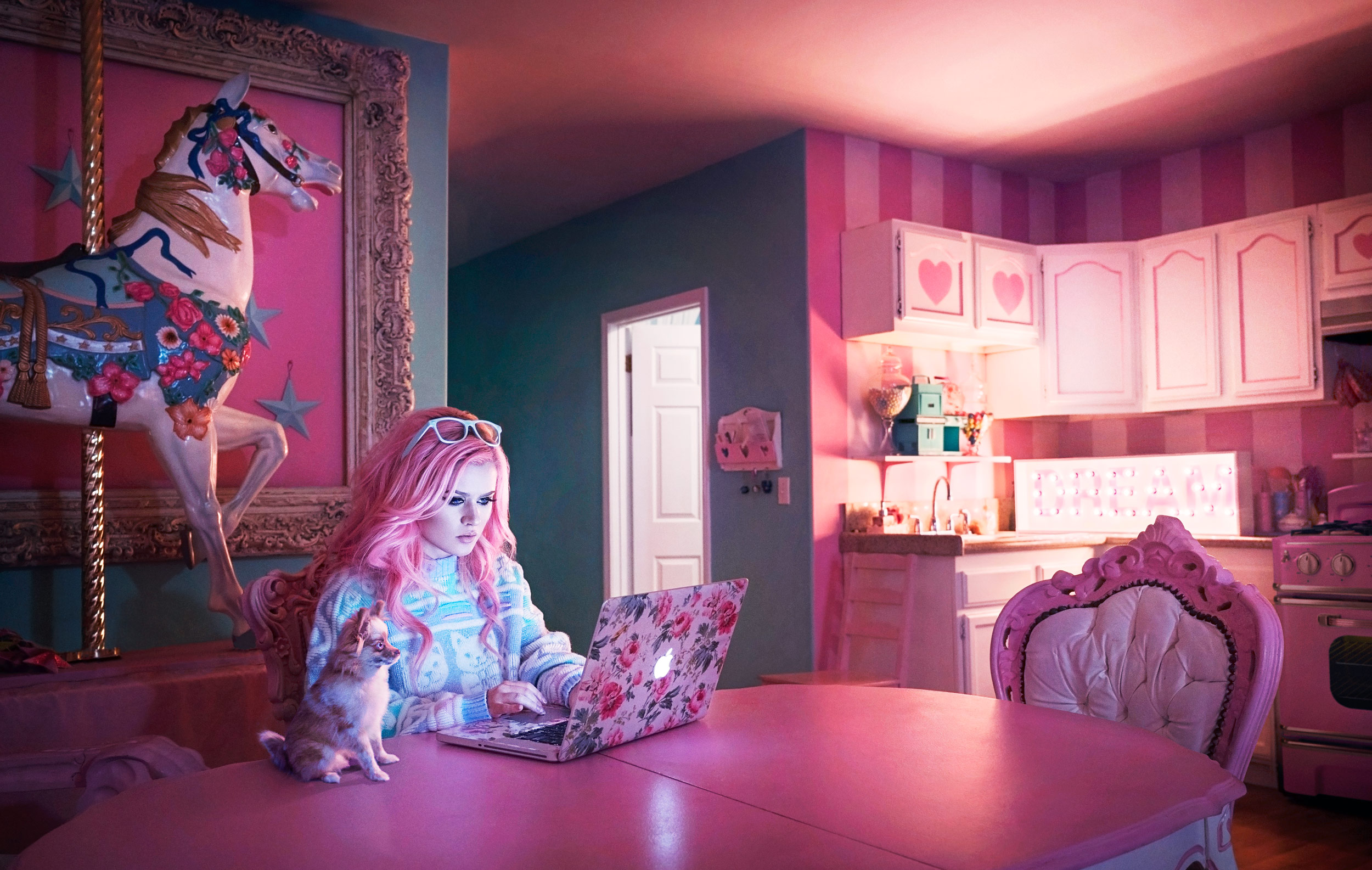 Dream: Communication Arts Photography Annual 57 Award of Excellence. Cinematic environmental portrait of influencer Kelly Eden in her colorful Hollywood home, photographed by Dale May.