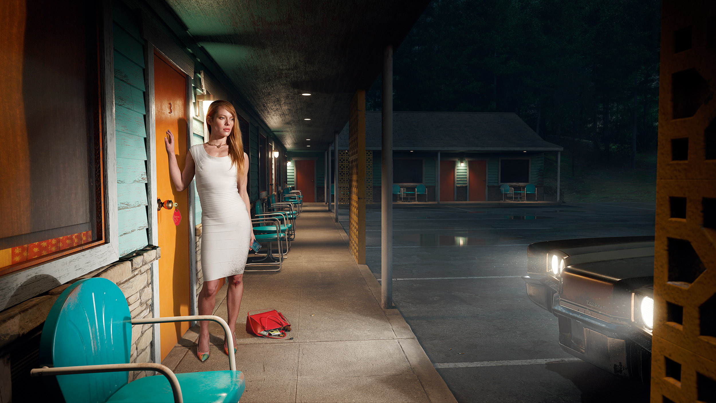 Starlight Falls Motel, Room 3: IPA 2022 2nd Place winner in Digitally Enhanced. Model Natasha King as an undercover FBI agent in a photorealistic CGI vintage motel room. Hybrid photography and CGI by Dale May.