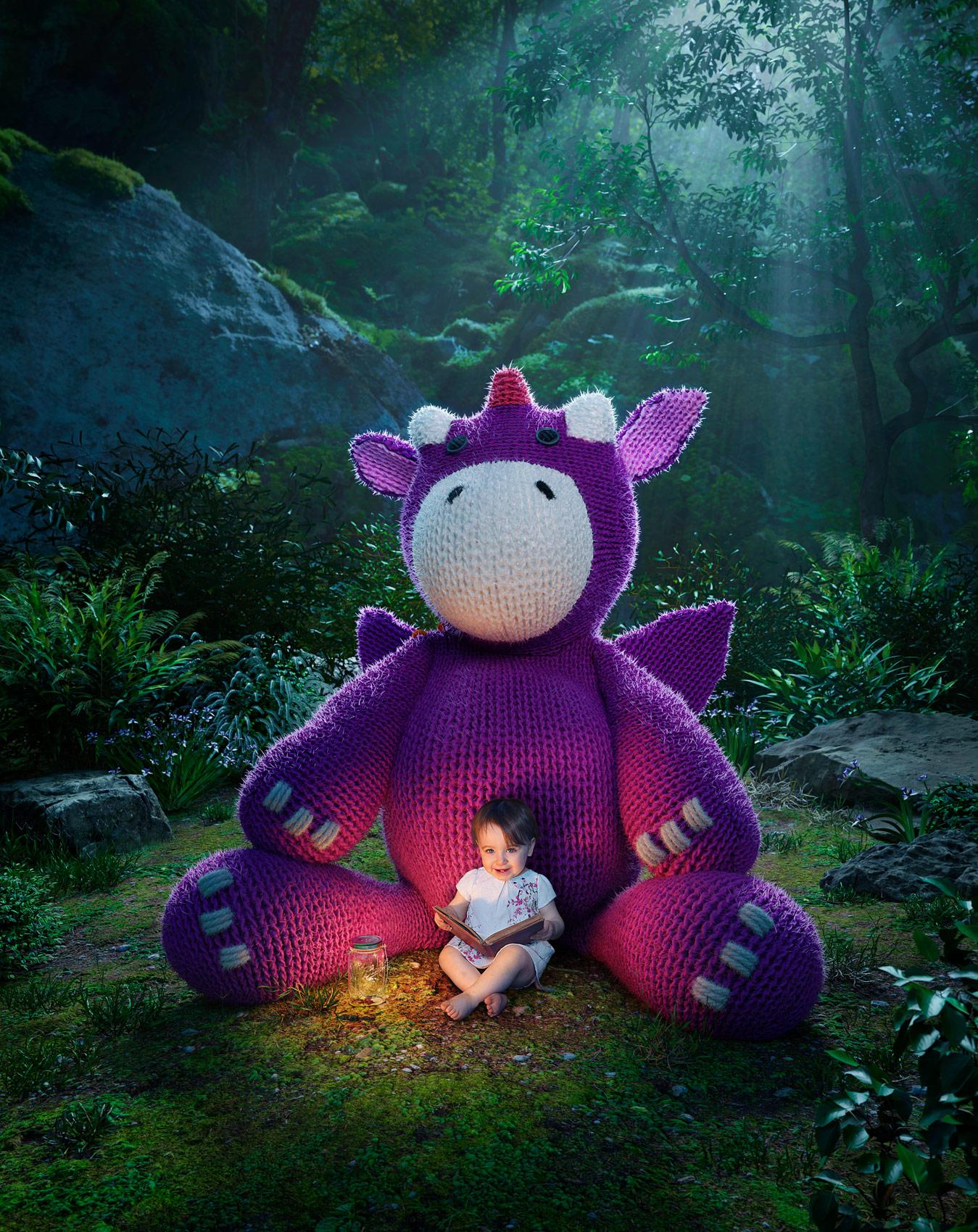 Ophelia's Dragon: PX3 2022 Bronze Award winner in Portraiture Self Promotion. Dale May's daughter Ophelia reading a book in a forest with a giant CGI crochet dragon. Hybrid photography and CGI by Dale May.