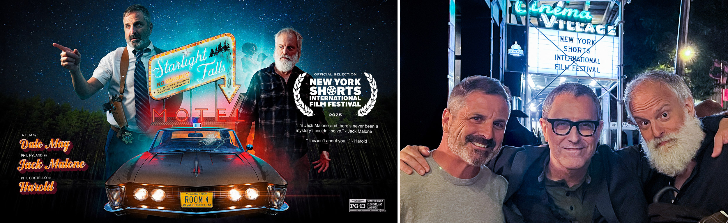 Starlight Falls Motel, Room 4: Official selection poster for the 2025 New York Shorts International Film Festival. Short film written, directed and created by Dale May, starring Phil Hyland and Phil Costello. Shot on greenscreen with fully CGI-built environments.